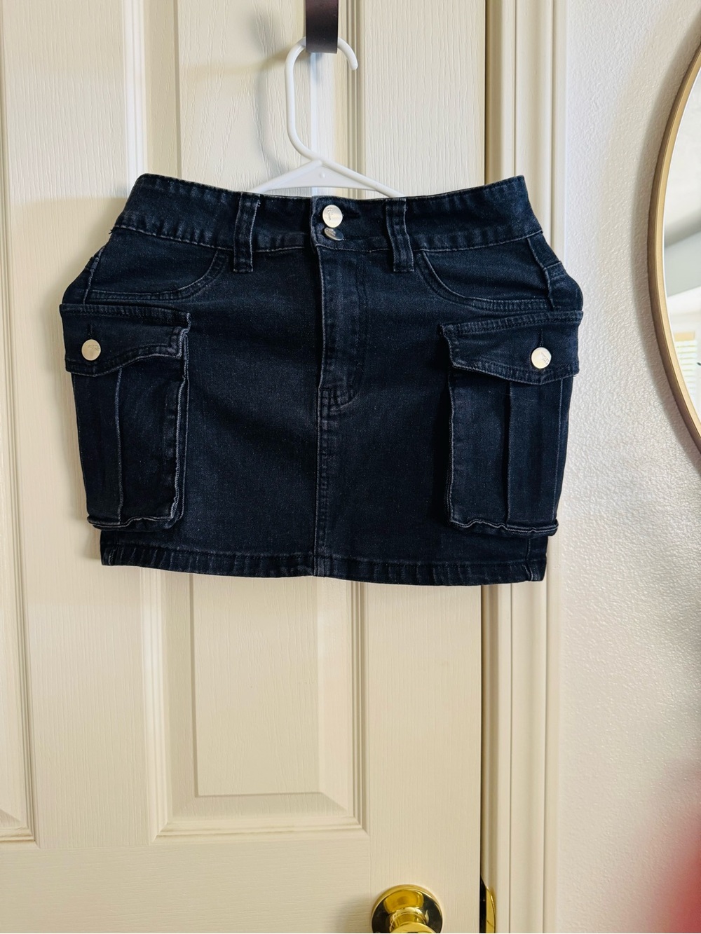 Dark Wash Denim Mini Skirt with Cargo Pockets
